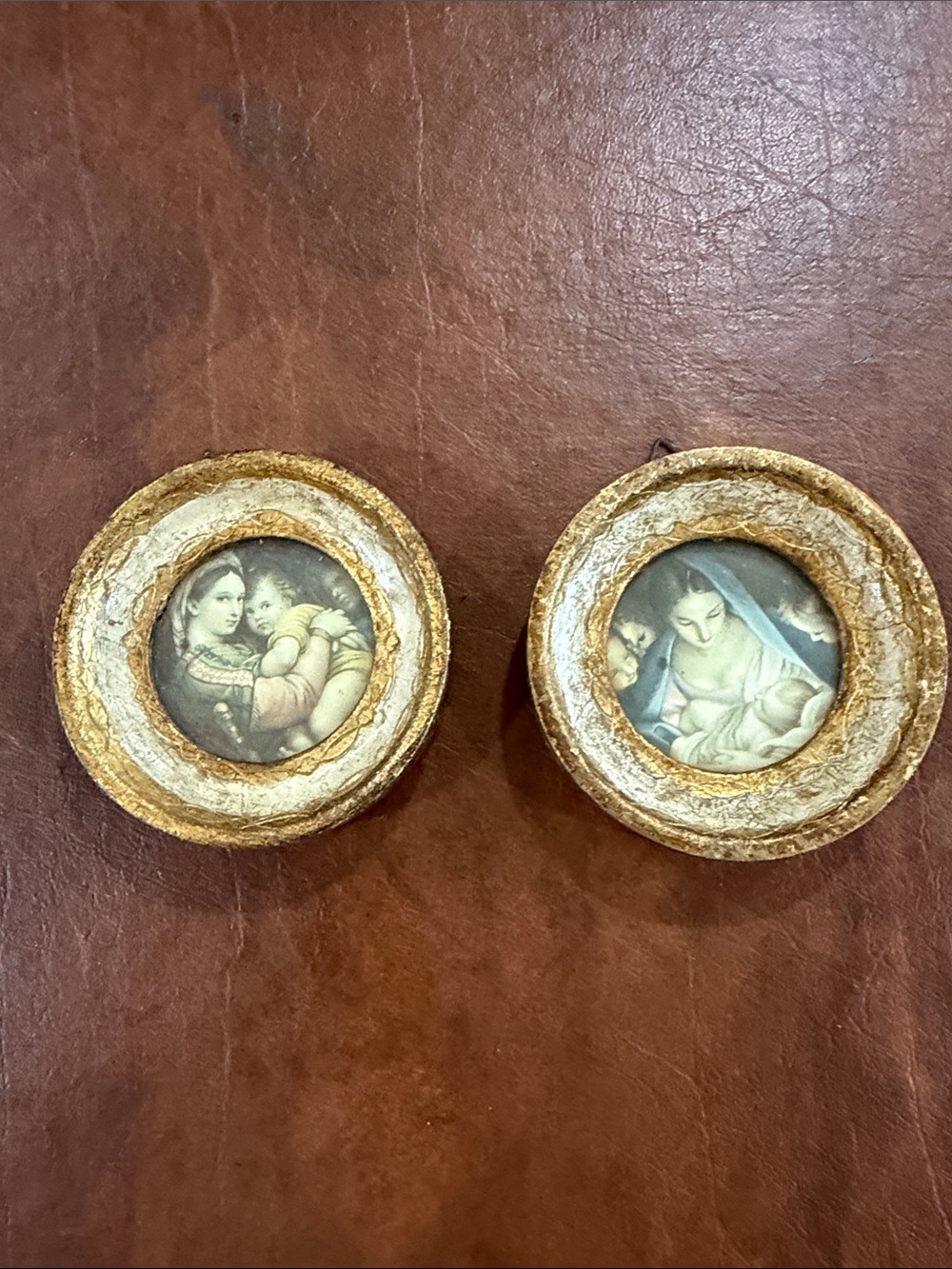 Vintage Madonna and child & Madonna and Chair small gold gilt wood frame - set 2